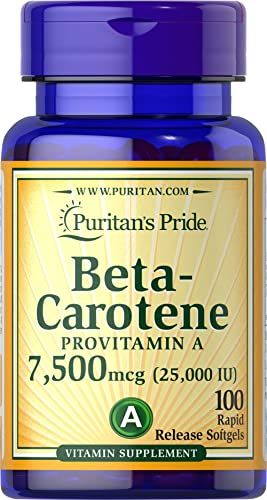 Puritan&#39;s Pride Beta Carotene Provitamin A 7,500mcg (25,000 IU), Vitamin Supplement for Immune System, Antioxidant and Eye Health Support, 100 Day Supply, 100 Rapid Release Softgels