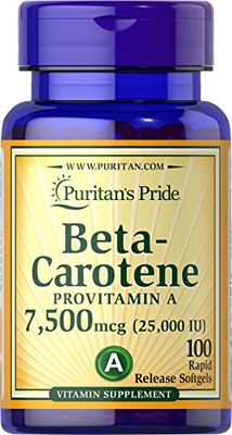 Puritan&#39;s Pride Beta Carotene Provitamin A 7,500mcg (25,000 IU), Vitamin Supplement for Immune System, Antioxidant and Eye Health Support, 100 Day Supply, 100 Rapid Release Softgels