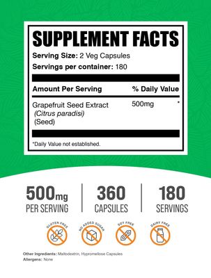 BulkSupplements.com Grapefruit Seed Capsules - Herbal Supplements, Grapefruit Seed Supplements - Vegan, 2 Capsules per Serving (500mg), 360 Count (Pack of 1)