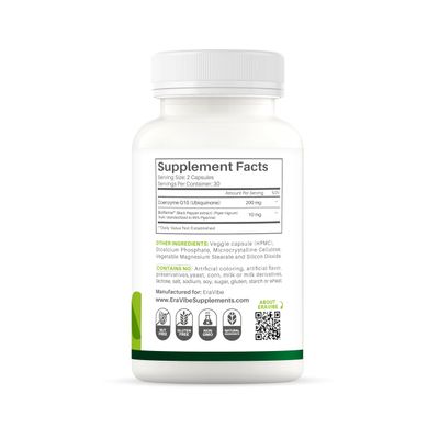 ERAVIBE Pure CoQ10 Bioperine, High Absorption, 200 mg per Serving, 60 Veggie Capsules, Antioxidant, Gluten-Free, Non-GMO