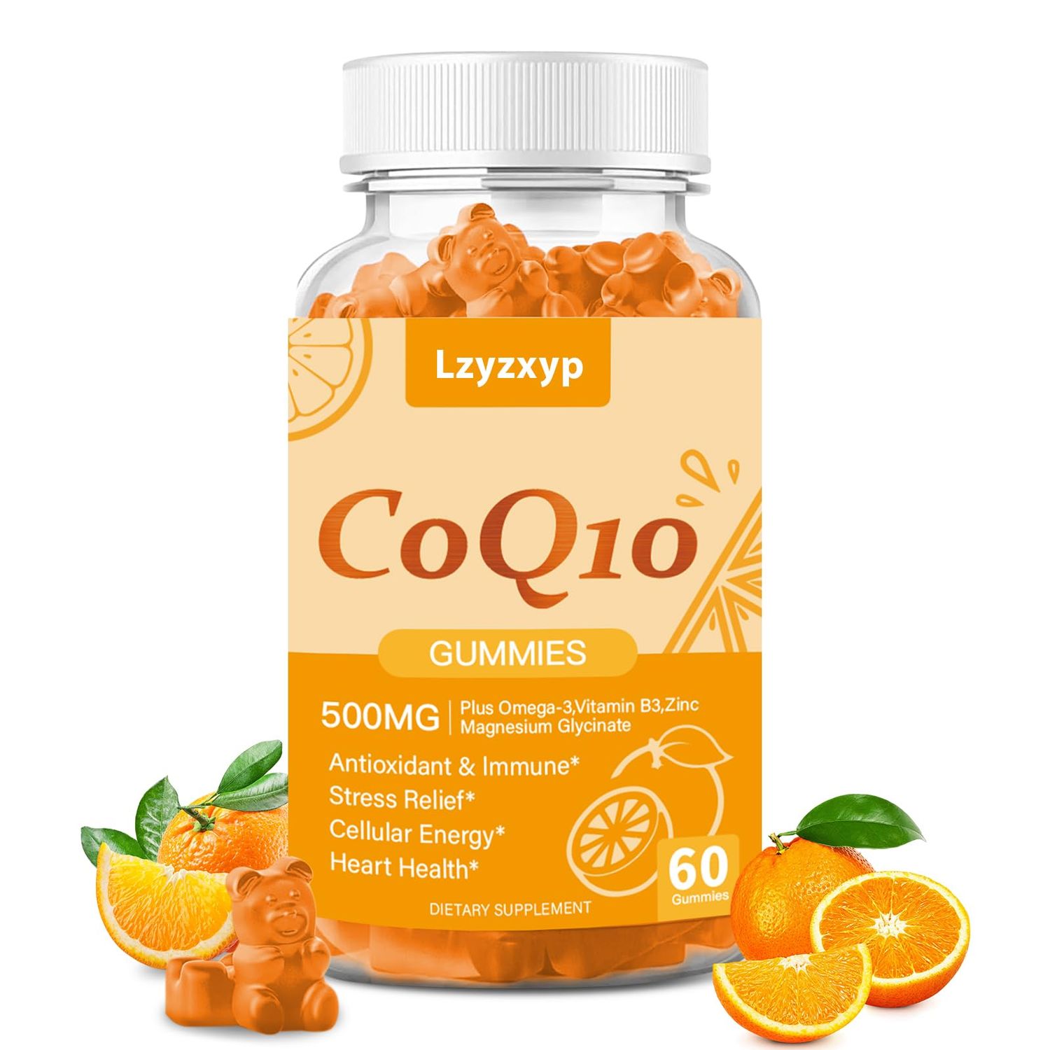 CoQ10 Oranges Gummies 500mg-3X Better Absorption Coenzyme Q10 Supplements - Plus Omega-3, Magnesium, Vitamin B3 &amp; Zinc for Heart Health, Cellular Energy &amp; Antioxidant, Vegan, Non-GMO 60 Ct (1)