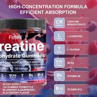 Creatine Monohydrate Gummies Complex 8000mg for Men and Women, Containing L-carnitine &amp; Taurine, Build Muscle, Boost Energy, Faster Recovery, Pre-Workout Supplement, Raspberry &amp; Blackberry, 120 Count