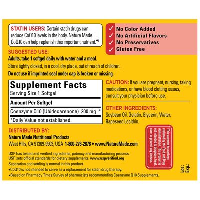 Nature Made CoQ10 200 mg, Dietary Supplement for Heart Health and Cellular Energy Production, 100 Softgels, 100 Day Supply