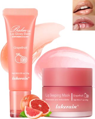 2Pcs Lip Glowy Balm &amp; Lip Sleeping Mask,Hydrating Repair Sleeping Lip Mask,Glossy Tinted Lip Balm,Smooth Cracked Chapped Lip,Lip Care Therapy Treatment,Women&#39;s Day Makeup Gift for Women-Grapefruit