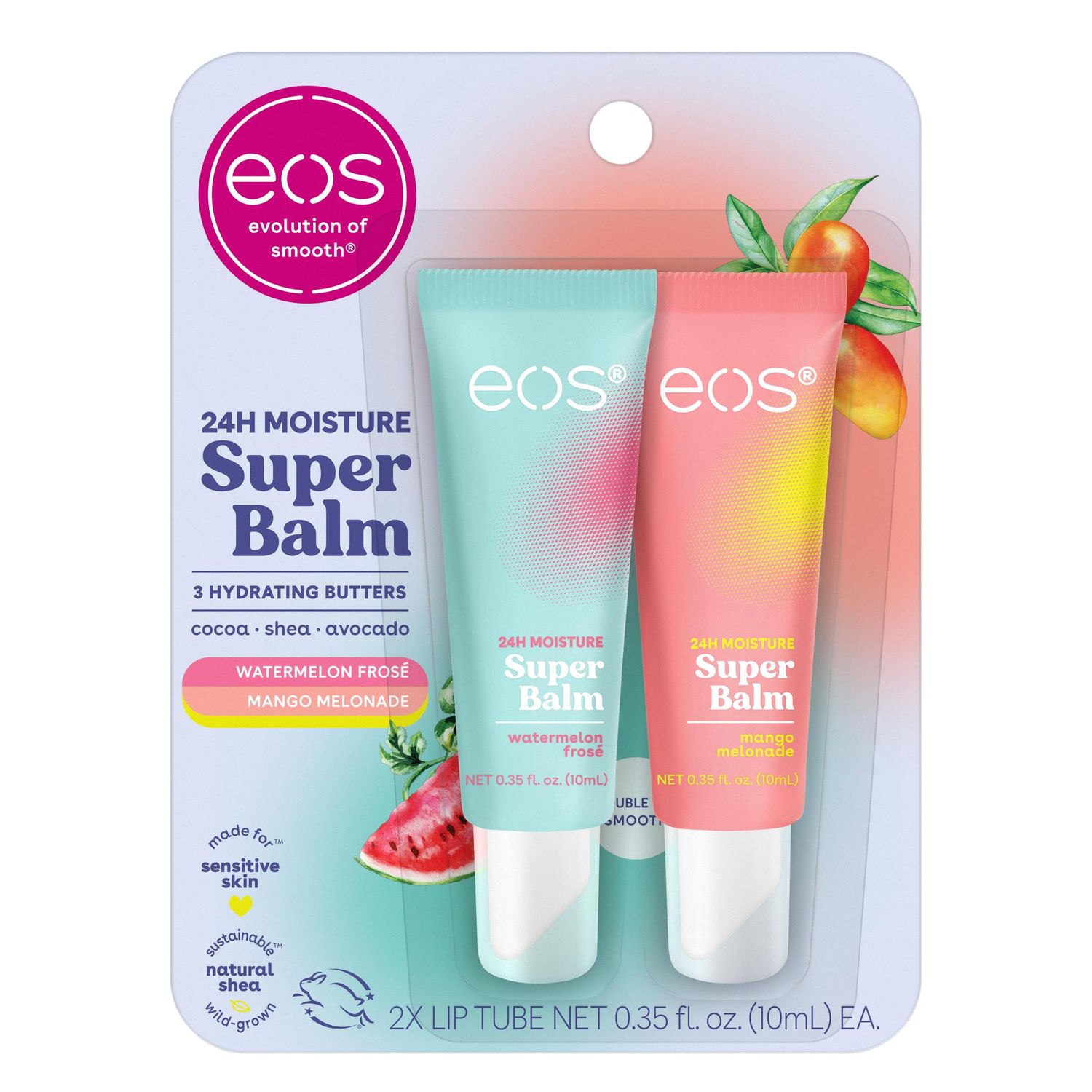 eos 24H Moisture Super Balm- Watermelon Fros &amp; Mango Melonade, Lip Mask, Day or Night Lip Treatment, Made for Sensitive Skin, 0.35 fl oz, 2-Pack