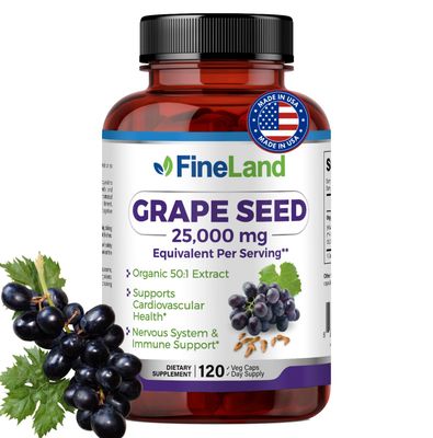 FineLand Grape Seed Extract 50:1 - 25,000mg Equivalent per Capsule - 120 Vegan Capsules - Rich in Antioxidants | Heart, Immune &amp; Circulation Support - Non-GMO | Made in USA