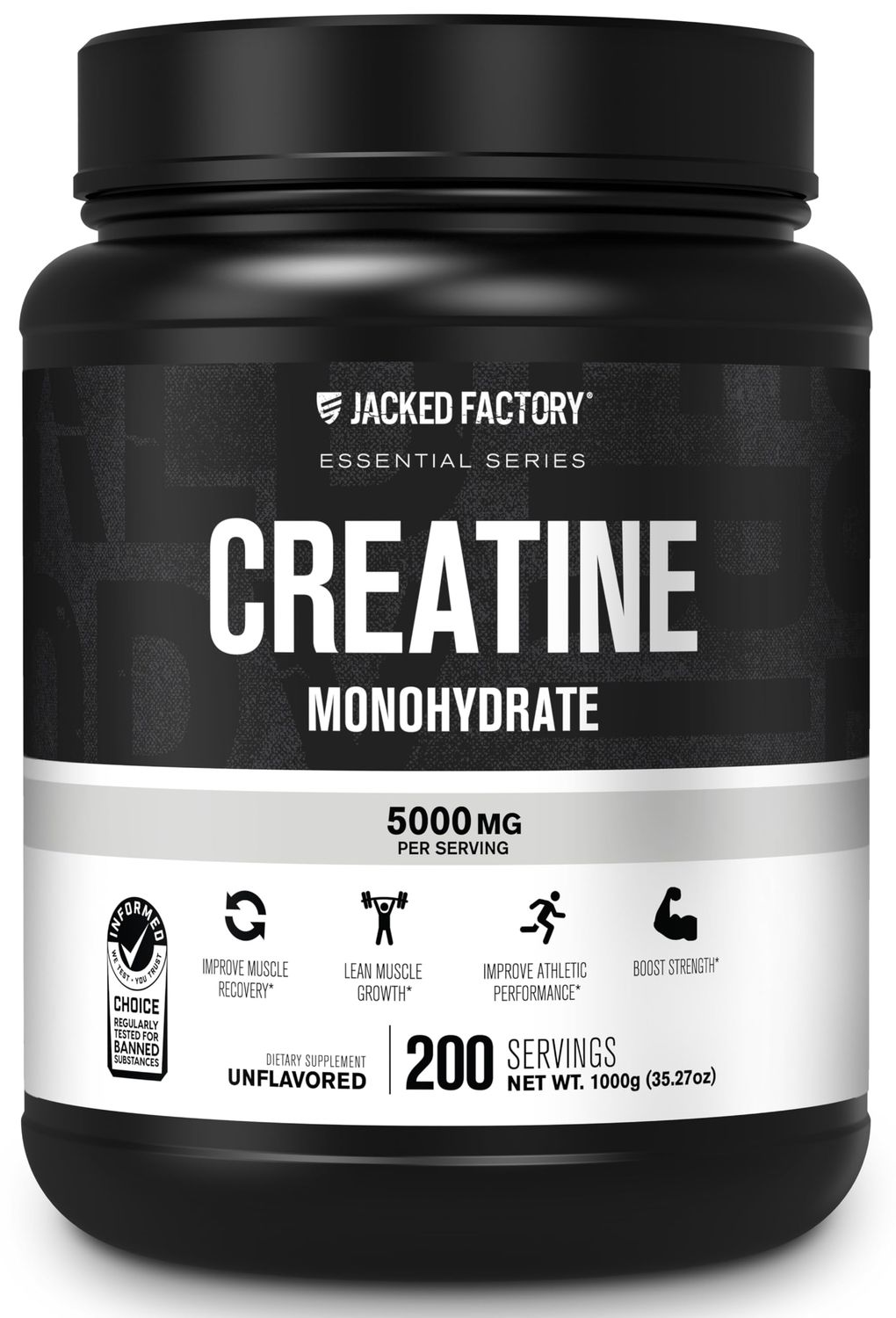 Jacked Factory Creatine Monohydrate Powder 1000g - Creatine Supplement for Muscle Growth, Increased Strength, Enhanced Energy Output and Improved Athletic Performance 200 Servings, Unflavored