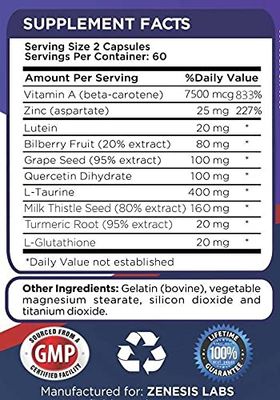 Zenesis Labs Lutein Vision Support - Essential Eye Vitamin - with Bilberry, Beta-Carotene, Zinc, Grapeseed &amp; Other Minerals - 120 Capsules - 60 Day Supply