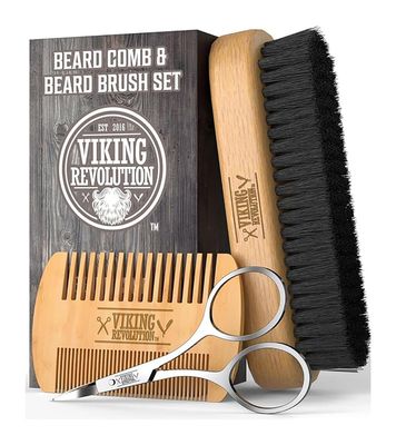 Viking Revolution Beard Comb &amp; Beard Brush Set for Men -- Natural Boar Bristle Brush and Dual Action Pear Wood Comb w/Velvet Travel Pouch - Great for Grooming Beards and Mustaches