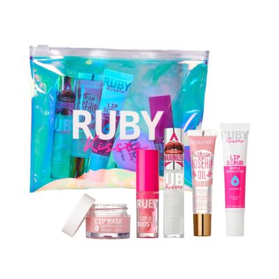 Ruby Kisses Value Lip Care Travel Kit With Rosehip Oil Clear Lip Gloss, High Shine Plumping Gloss, Pink Lip Oil Booster, Exfoliating Lip Scrub, Hydrating Intensive Lip Mask Holographic Makeup Bag