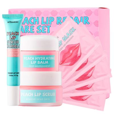 5 Pcs Lip Mask Sheet, Lip Balm Lip Scrub &amp; Lip Scrub Bu-bble, Peach Lip Care Kit - Lip Care Products with Lip Scrubber Exfoliator Lip Moisturizer Lip Plumper - Lip Treatment New Year Gifts