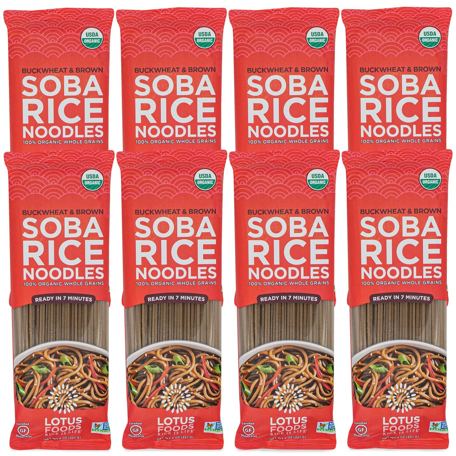 Lotus Foods Organic Soba Rice Noodles - Organic Rice Noodles, Asian Noodles, Rice Noodles Gluten Free, Brown Rice &amp; Buckwheat Flour, Perfect for Stir Fry, GF, Vegan, Non GMO - 8 Oz (Pack of 8)
