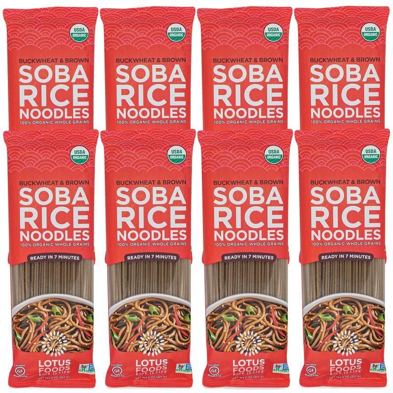 Lotus Foods Organic Soba Rice Noodles - Organic Rice Noodles, Asian Noodles, Rice Noodles Gluten Free, Brown Rice &amp; Buckwheat Flour, Perfect for Stir Fry, GF, Vegan, Non GMO - 8 Oz (Pack of 8)