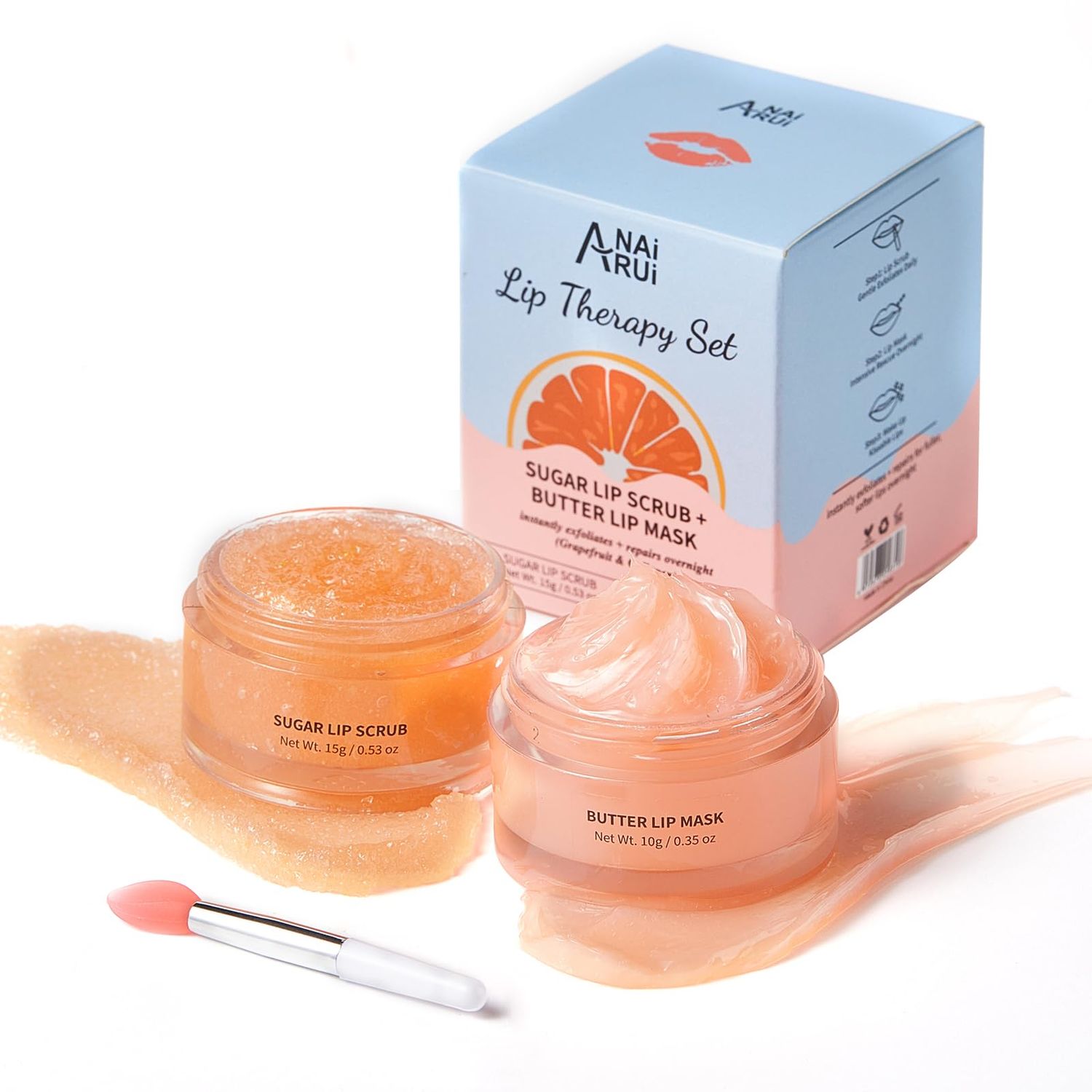Hydrating Lip Mask &amp; Lip Scrub Set, Lip Overnight Treatment For A Softer &amp; Smoother Pout, Lip Exfoliator Scrub and Moisturizer Set With Grapefruit, Non-Sticky, Vegan &amp; Cruelty-Free