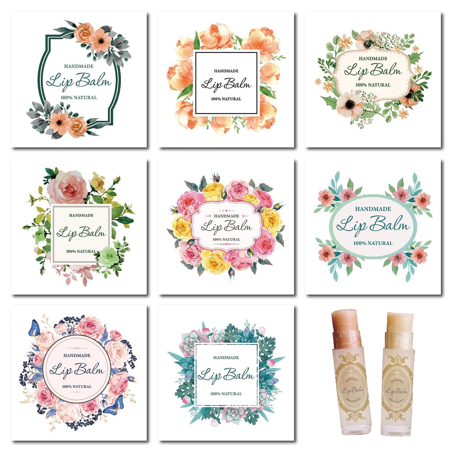 CRASPIRE 80Pcs 8 Styles Lip Balm Sticker Self-Adhesive Homemade Lip Balm Labels Floral Patter Square Printable DIY Label Stickers for Lip Balm Containers Cosmetics Lipsticks (5cm/2inch)
