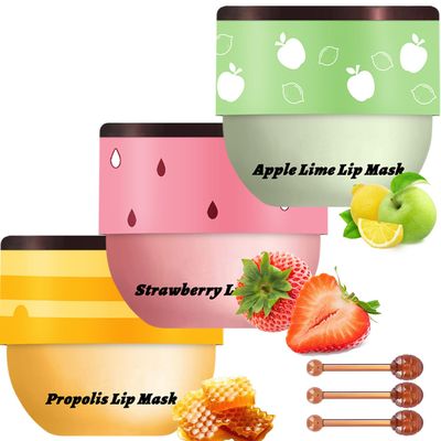 3 PCS Bee Lip Balm Lip Mask Honey Pot, Watermelon &amp; Cherry &amp; Coconut Lip Mask Propolis Moisturizing Lip, Hydrating Prevention Dry and Cracked Lip Scrubs Exfoliator (Honey&amp; Strawberry&amp; Apple Lime)