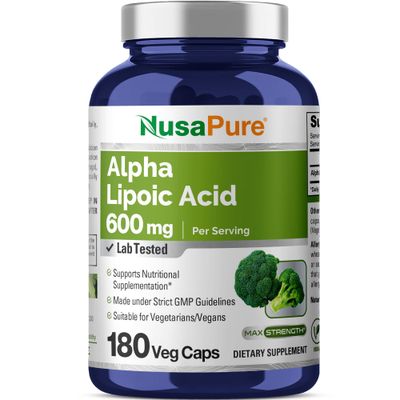 NusaPure Alpha Lipoic Acid 600 mg per Serving 180 Veggie Capsules (Vegetarian, Non-GMO, Vegan)