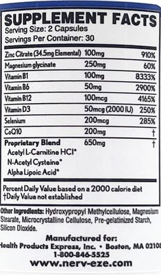 Nerv-Eze Nerve Support Supplement, 60 Vegetarian Capsules, with CoQ10, B Vitamins, Zinc, Magnesium, Alpha Lipoic Acid and More for Nerve and Heart Health
