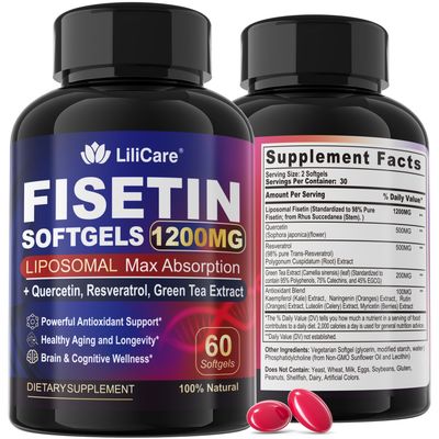 LILICARE Fisetin Supplement - Liposomal Super Absorption 98 Pure 1200mg with Quercetin, Resveratrol, Green Tea Extract for Healthy Aging &amp; Longevity, Skin Health, Brain &amp; Antioxidant - 60 Softgels