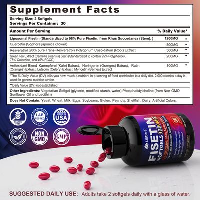 LILICARE Fisetin Supplement - Liposomal Super Absorption 98 Pure 1200mg with Quercetin, Resveratrol, Green Tea Extract for Healthy Aging & Longevity, Skin Health, Brain & Antioxidant - 60 Softgels