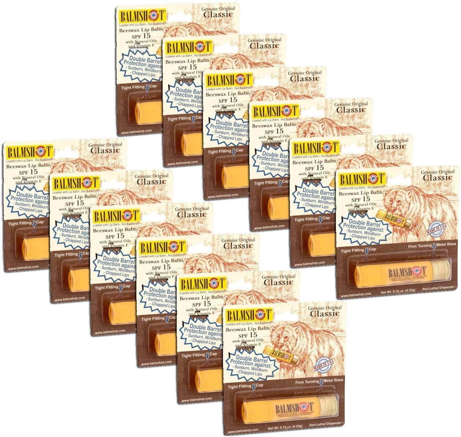 Pack of 12 - Balmshot Genuine Original Classic Beeswax Lip Balm, SPF 15, 0.15 oz