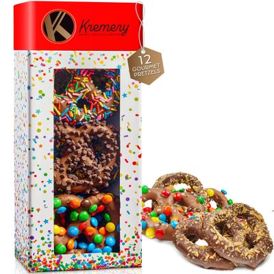 KREMERY Creamy Chocolate Cravings - Chocolate Covered Pretzel Twists Gift Basket, in Confetti Tower (12 Pretzels, Assorted Sweet Toppings) Birthday Care Package - Kosher Dairy, USA Made