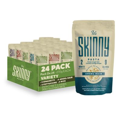 Its Skinny Pasta Variety Pack - Spaghetti, Fettuccine, Angel Hair and Orzo, Low Carb, Gluten Free, Keto &amp; Vegan-Friendly, Shirataki Konjac, 4.5 Calories, Ready in 2 Minutes (24 Packs)