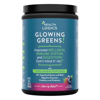 Health Logics Glowing Greens Superfood Powder with Collagen Peptides, Digestive Enzymes, Prebiotics and Probiotics - Antioxidant, Improve Wellness, Immune, Digestive and Gut Health Support