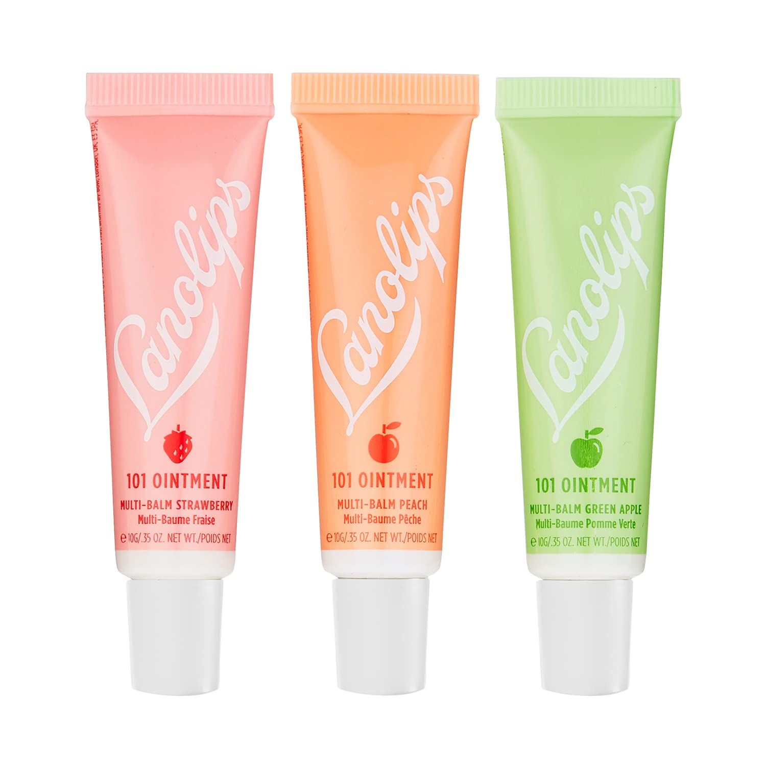 Lanolips 101 Ointment Fruities Trio - Fruity Lip Balm Gift Set &amp; Stocking Stuffer - Strawberry, Peach &amp; Green Apple Flavored Lip Moisturizer for Dry Lips - Dermatologist Tested (10g / 0.35oz each)