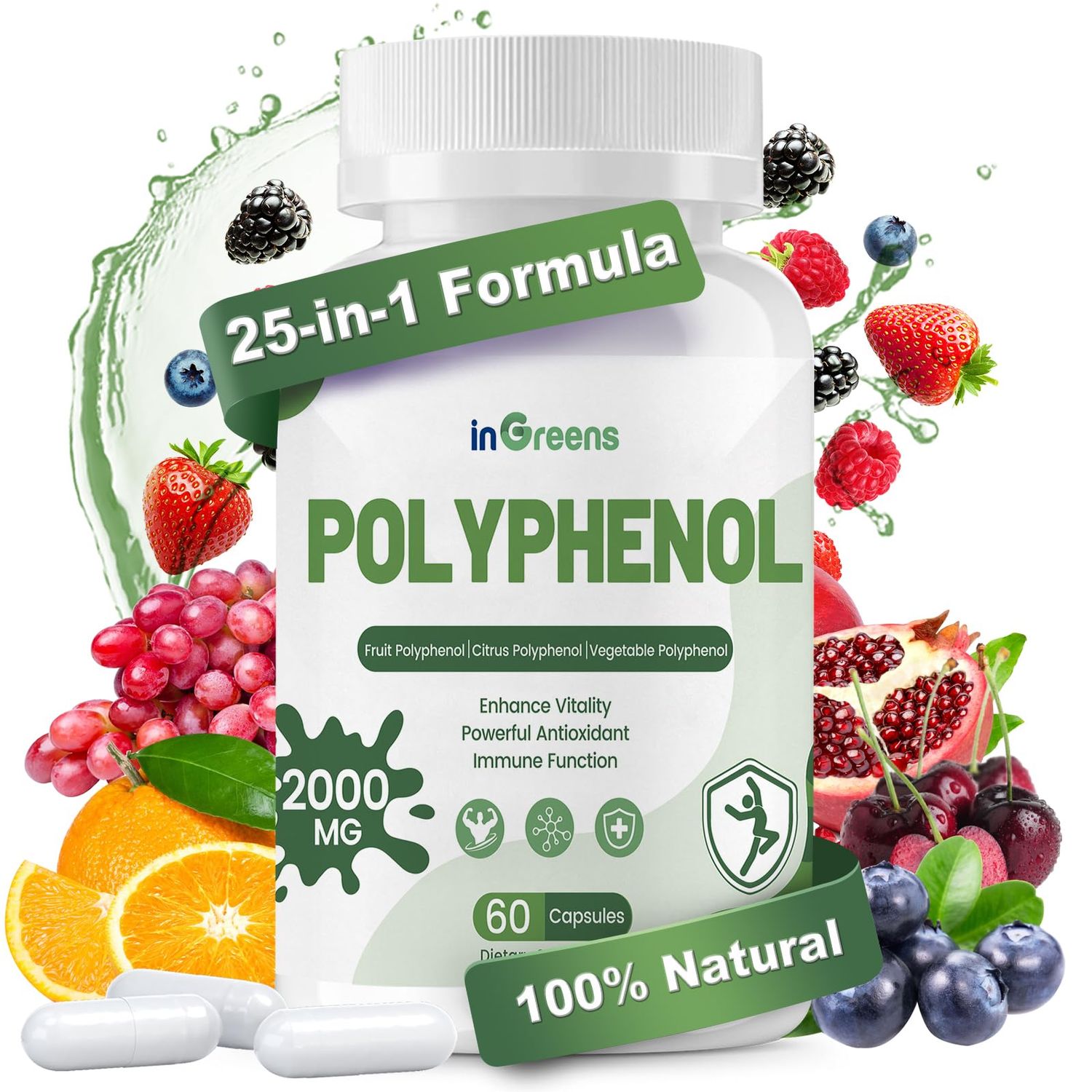 inGreens 25-in-1 Polyphenols Supplement | 2000MG Powerful Antioxidants for Age Defense | Enhance Vitality | from Polyphenol Superfood, Vegetables, Quercetin, Resveratrol - 60 Capsules