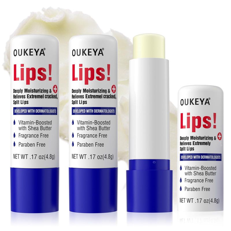 OUKEYA 3PCS Medicated Lip Balm Hydrating w/Petrolatum,Shea Butter, Beeswax,100 Natural Ingredients,Organic Lip Butter Balm &amp; Moisturizers Lip Repair For Dry Cracked Lips Overnight Lip Treatment