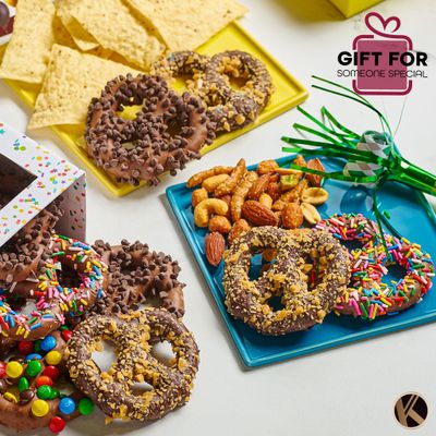 KREMERY Creamy Chocolate Cravings - Chocolate Covered Pretzel Twists Gift Basket, in Confetti Tower (12 Pretzels, Assorted Sweet Toppings) Birthday Care Package - Kosher Dairy, USA Made