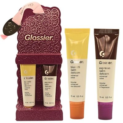 Glossier Limited Edition Balm Dotcom Duo - Holiday Lip Balm Set with Biscotti &amp; Espresso Flavors, Moisturizing, Nourishing, Sheer Tints, 15mL Each.