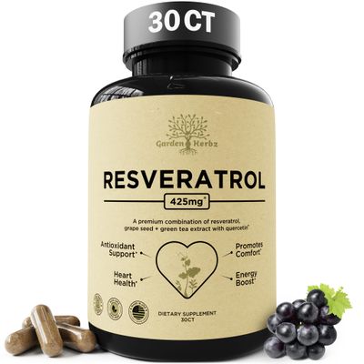 Garden of Herbz Quercetin &amp; Resveratrol Supplement with Grape Seed - 425mg Herbal Antioxidant &amp; Wellness Support - Polyphenols &amp; Nutrient Blend for General Health, 30Ct