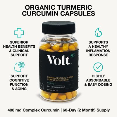 Volt03 Organic Turmeric Curcumin Capsules, 400mg Complex Curcurmin - Pharmaceutical-Grade Curcumin Supplement for Joint Health, Immune Support, &amp; Healthy Inflammation Response, 60-day (2 month) supply