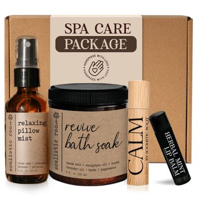 SOULISTIC ROOT Spa Kit for Women - Relaxing Self Care Gift Set with Lavender Pillow Spray, Mint Lip Balm, Calm Essential Oil Roller &amp; Epsom Salt Bath Soak - Luxury Pampering Package for Home &amp; Bath