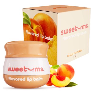 Sweetums Peach Lip Balm with Vitamin E Oil - Natural Lip Moisturizer for Dry, Chapped Lips - Vegan Lip Care with Built-In Mirror and Applicator - Hydrating Lip Treatment - 0.15 oz