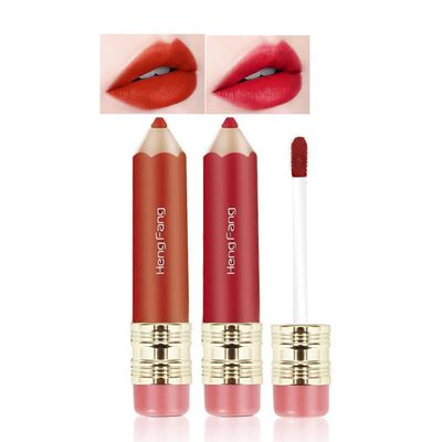 Aaiffey 2 Color Pencil Shaped Lip Gloss,Matte Hydrating Liquid Lipstick for Women Long Lasting Lip Tint Non-sticky Nourishing Lip Glosses Set (Black teaCarrot)