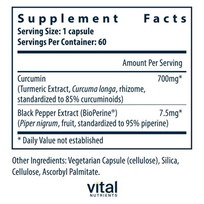 Vital Nutrients Curcumin Extract 700mg | Vegan Curcumin Supplements with Black Pepper Extract | Antioxidant Support for Joint, Liver, and Cellular Health | Gluten, Dairy, Soy Free | 60 Capsules