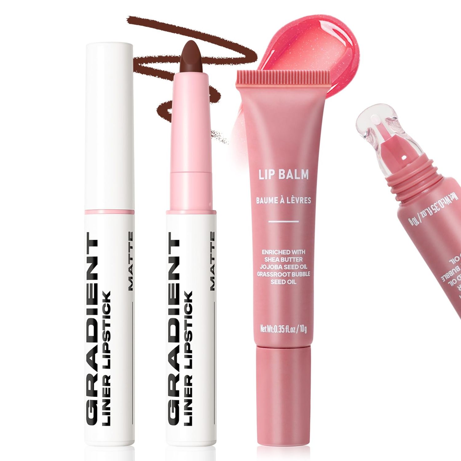 HOSAILY Brown Lip Liner Peptide Lip Treatment Duo, Moisturizing Waterproof Long Lasting Creamy Angled Tip Lip Pencil with Nourishing Pink Lip Balm for Women, Non Sticky Lip Care Juicy Lip Combo Kit