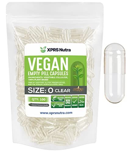 XPRS Nutra Size 0 Empty Capsules - 100 Clear Count Empty Vegan Capsules - Vegetarian Pill - DIY Vegetable Capsule Filling -Veggie Pills for Do-It-Yourself Supplements