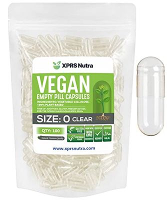 XPRS Nutra Size 0 Empty Capsules - 100 Clear Count Empty Vegan Capsules - Vegetarian Pill - DIY Vegetable Capsule Filling -Veggie Pills for Do-It-Yourself Supplements