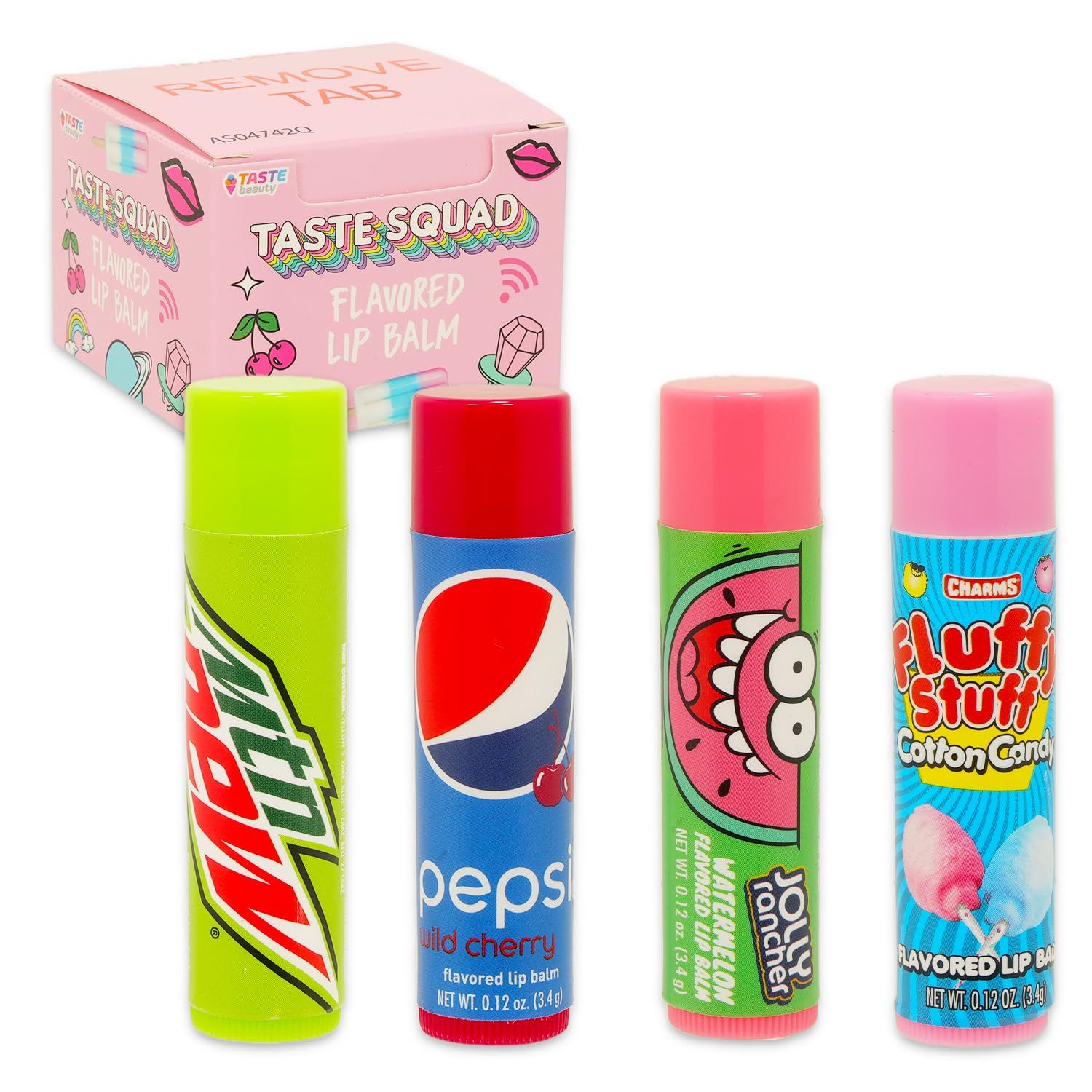 Taste Beauty Flavored Lip Balm 12 Pack - Bundle of Jolly Rancher, Mountain Dew, Cotton Candy, and Pepsi Flavored Lip Balms | Lip Moisturizer