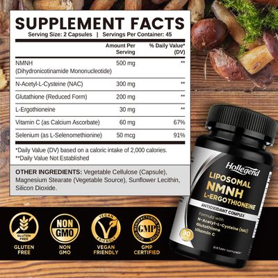 HOLLEGEND Liposomal NMNH & Ergothioneine Supplement, 6 in 1 Complex with NAC, Glutathione, Vitamin C & Selenium, for Women & Men, Healthy Aging, Antioxidant & Immune Support, 90 Capsules