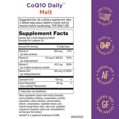Purity Products CoQ10 Daily with Resveratrol Melt 100mg CoQ10-30mg Trans-Resveratrol - Vitamin A, D3, E, and B12 (as methylcobalamin) - 60 Fast Dissolving Tablets