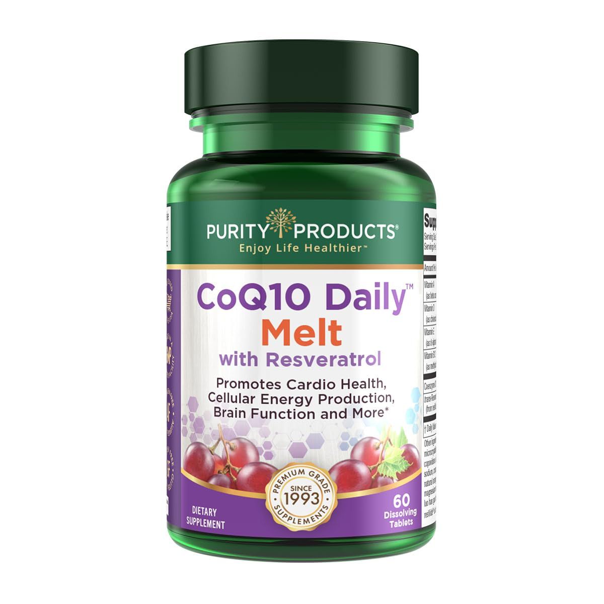 Purity Products CoQ10 Daily with Resveratrol Melt 100mg CoQ10-30mg Trans-Resveratrol - Vitamin A, D3, E, and B12 (as methylcobalamin) - 60 Fast Dissolving Tablets