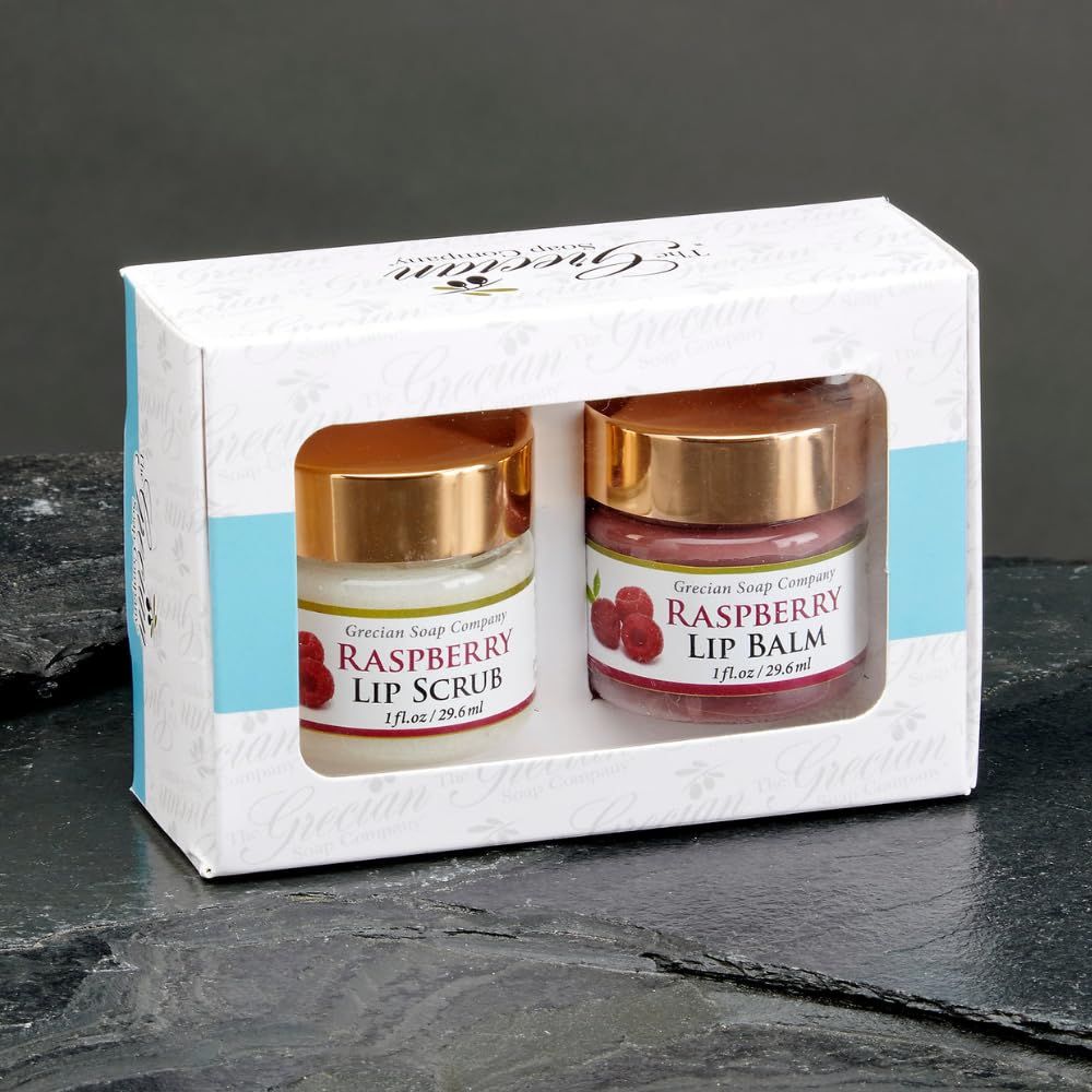 Grecian Ultimate Lip Care Gift Set Raspberry Flavor - All-Natural Handmade Lip Scrub Exfoliator &amp; Lip Balm for Dark Lips, 4 Flavors, Lip Lightening &amp; Hydration, Soft and Plump 2oz