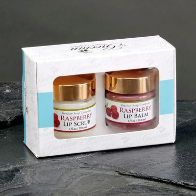 Grecian Ultimate Lip Care Gift Set Raspberry Flavor - All-Natural Handmade Lip Scrub Exfoliator &amp; Lip Balm for Dark Lips, 4 Flavors, Lip Lightening &amp; Hydration, Soft and Plump 2oz