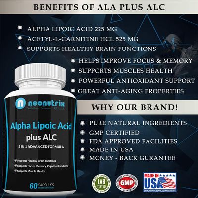 Alpha Lipoic Acid Plus Acetyl L-Carnitine Antioxidant Supplement ALA ALC for Healthy Brain Function &amp; Muscle Strength, Focus, Memory &amp; Cognitive Function for Women &amp; Men - 60 Capsules by Neonutrix