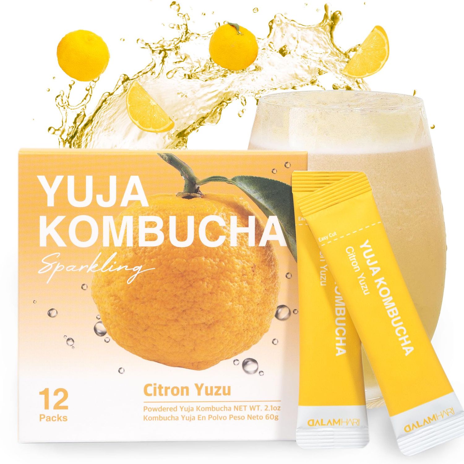 DALAMHARI Yuzu SUPER Kombucha Powder Tea | 15kcal Scoby Fizz Sticks Urban Remedy Hydrant Powder Packets Switch Drink Health Ade Synergy Kombucha Kambutcha, 12 Counts